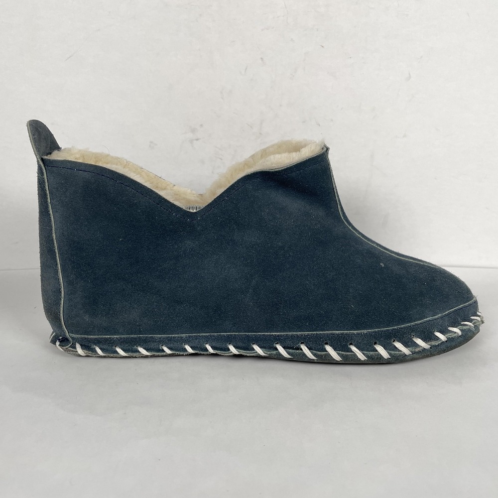 Orvis Slippers Womens Size 8 M Navy Blue Suede Shearling Moccasin Whipstitch